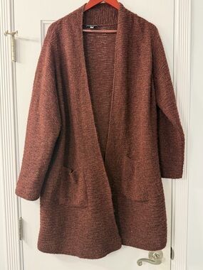 Eileen Fisher Open-Front Cardigan Sweater in Rust Brown, 100% baby Alpaca
